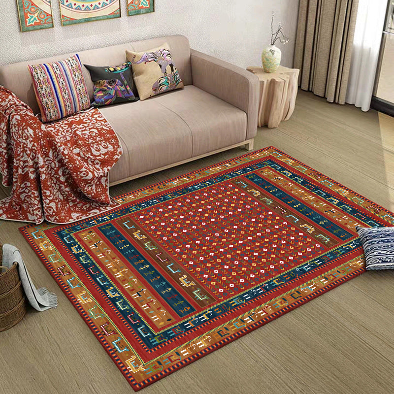 Traditional Tribal Pattern Carpet Red Vintage Carpet Polyester Washable Non-Slip Back Carpet for Bedroom