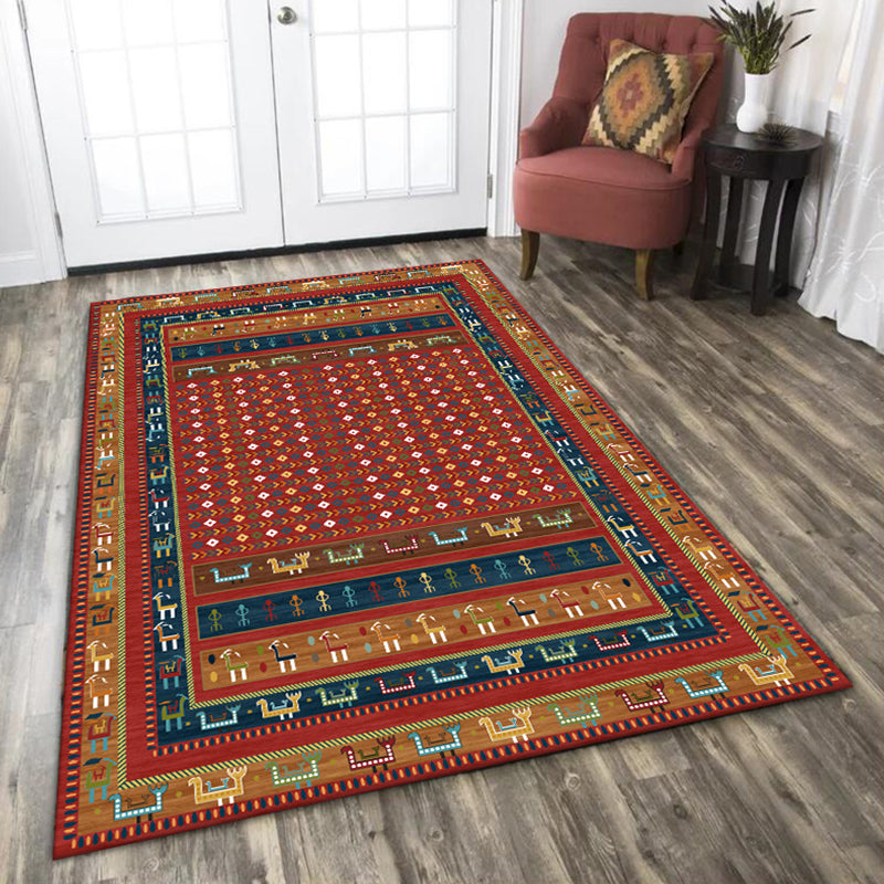 Traditional Tribal Pattern Carpet Red Vintage Carpet Polyester Washable Non-Slip Back Carpet for Bedroom