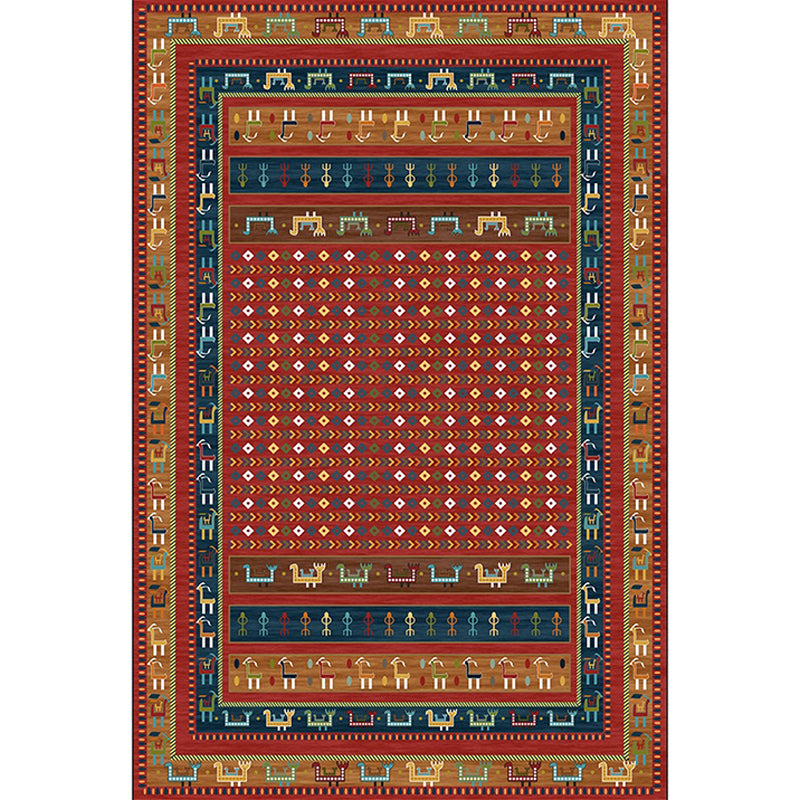 Traditional Tribal Pattern Carpet Red Vintage Carpet Polyester Washable Non-Slip Back Carpet for Bedroom