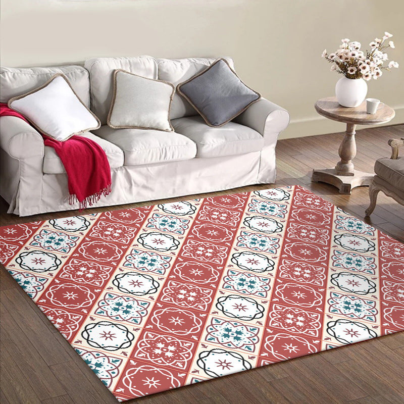 Classic Checkered Pattern Carpet with Floral Red Vintage Carpet made of Polyester washable with non-slip backing Carpet for the Bedroom