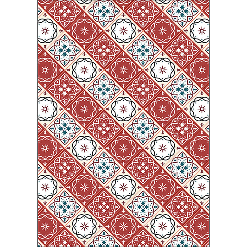 Classic Checkered Pattern Carpet with Floral Red Vintage Carpet made of Polyester washable with non-slip backing Carpet for the Bedroom