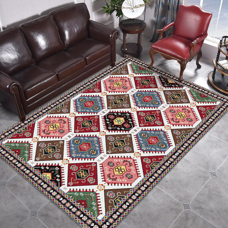 Traditional Tribal Pattern Carpet Red and Grey Vintage Carpet Polyester Washable Non-slip Back Area Rug for Bedroom