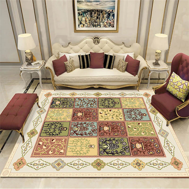 Persian checkered printed carpet with floral beige polyester carpet machine washable non-slip rug for the living room