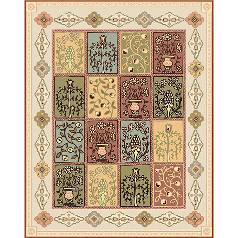 Persian checkered printed carpet with floral beige polyester carpet machine washable non-slip rug for the living room