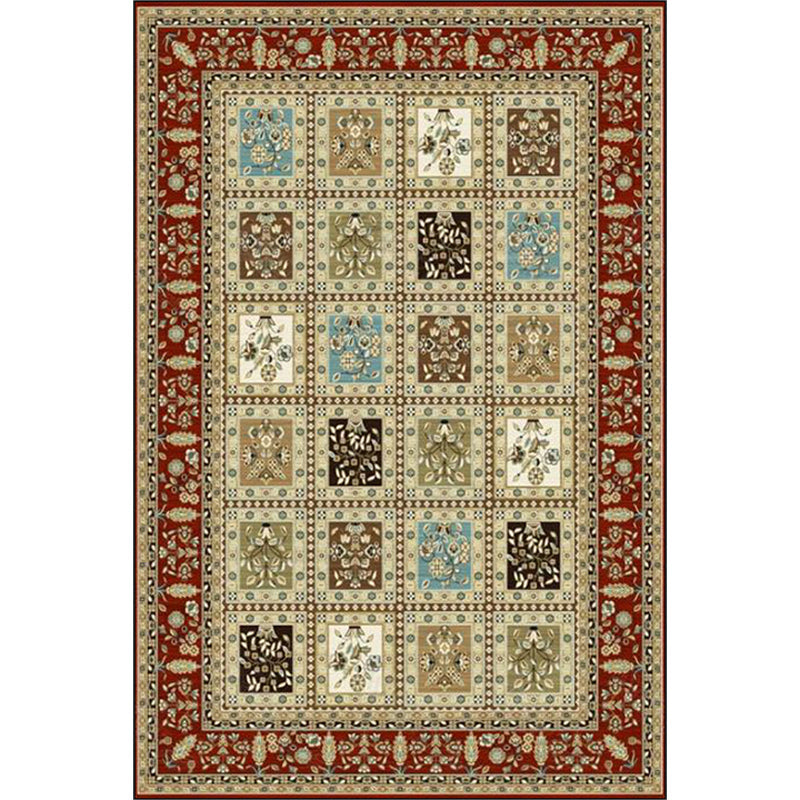 Red and Beige Moroccan Carpet Polyester Checked and Floral Pattern Carpet Washable Non-Slip Backing Carpet for Living Room