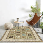 Red and Beige Moroccan Carpet Polyester Checked and Floral Pattern Carpet Washable Non-Slip Backing Carpet for Living Room