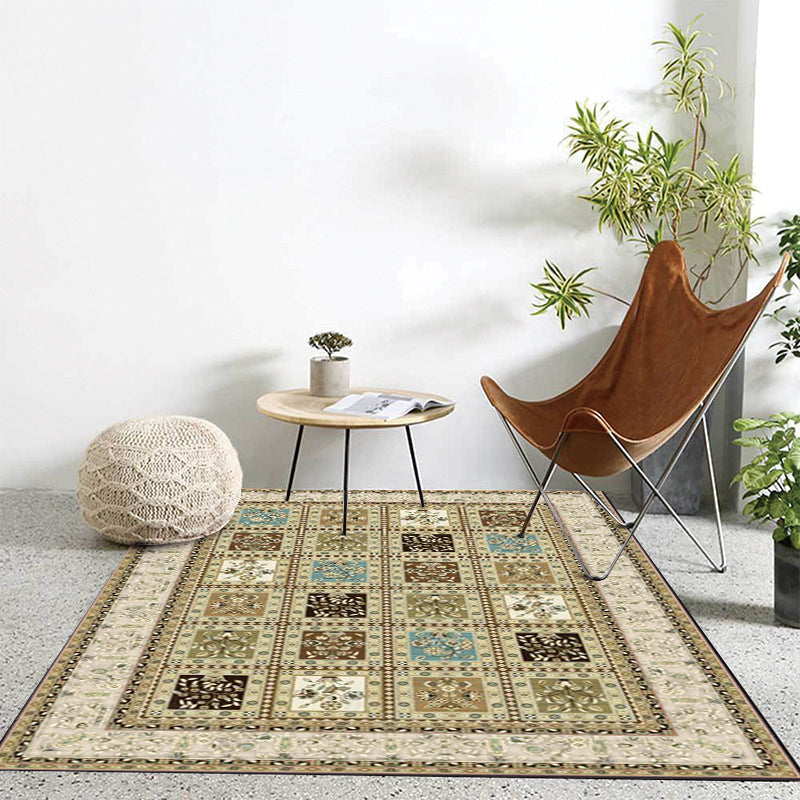 Red and Beige Moroccan Carpet Polyester Checked and Floral Pattern Carpet Washable Non-Slip Backing Carpet for Living Room