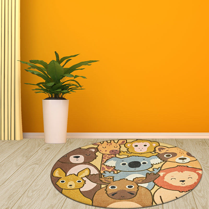 Kids Cartoon Animals Pattern Rug Yellow Polyester Rug Washable Non-Slip Back Rug for Home Decor