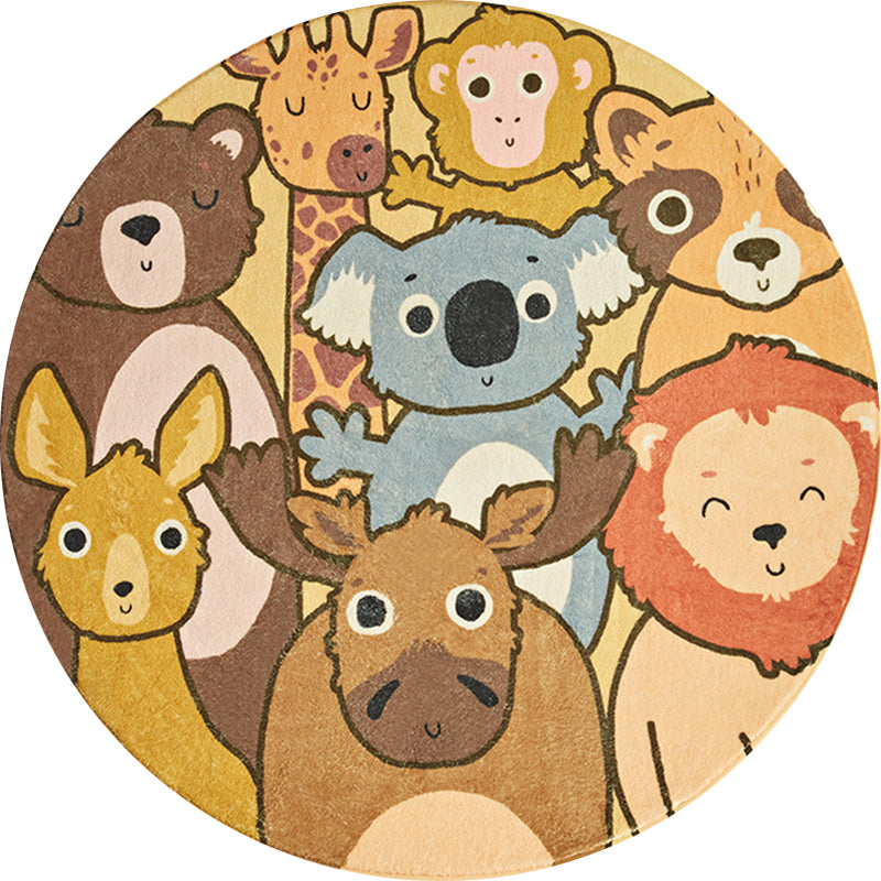 Kids Cartoon Animals Pattern Rug Yellow Polyester Rug Washable Non-Slip Back Rug for Home Decor