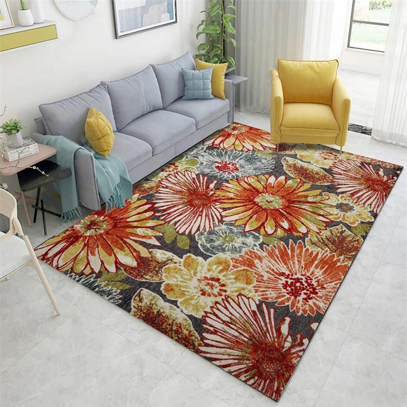 Orange Vintage Carpet Polyester Flower Pattern Carpet Washable Non-Slip Backing Carpet for Living Room