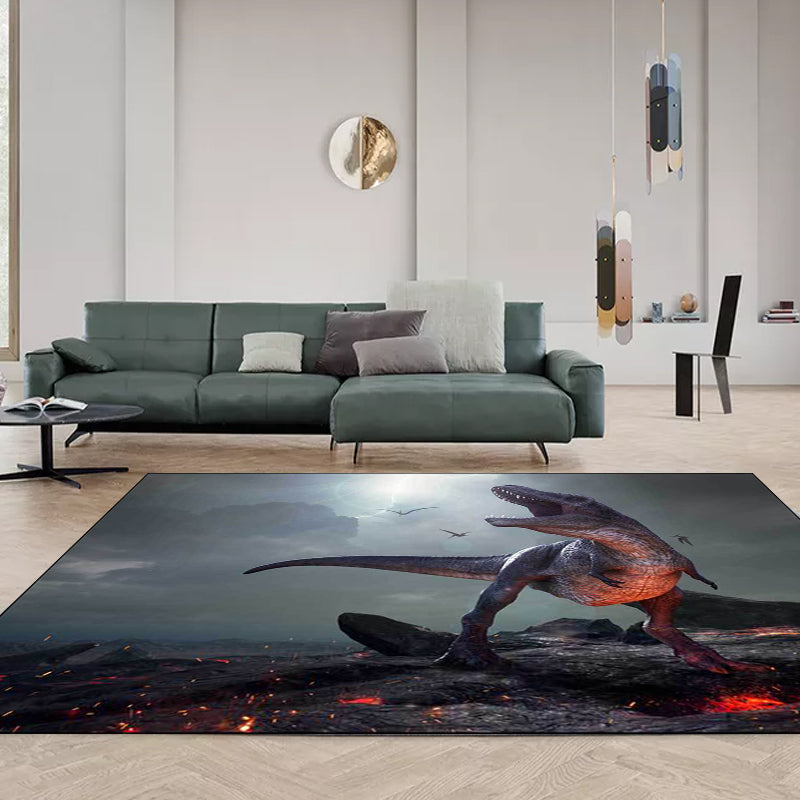 Nordic Dinosaur Pattern Rug Gray Polyester Rug Machine Washable Non-Slip Rug for the Bedroom