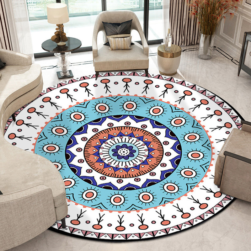 Americana concentric circles pattern carpet with floral white and blue polyester machine washable non-slip area rug for the bedroom
