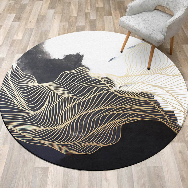 Modern Swirl Stripe Pattern Carpet Black and White Polyester Carpet Machine Washable Non-Slip Rug for Bedroom
