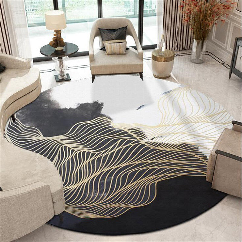 Modern Swirl Stripe Pattern Carpet Black and White Polyester Carpet Machine Washable Non-Slip Rug for Bedroom