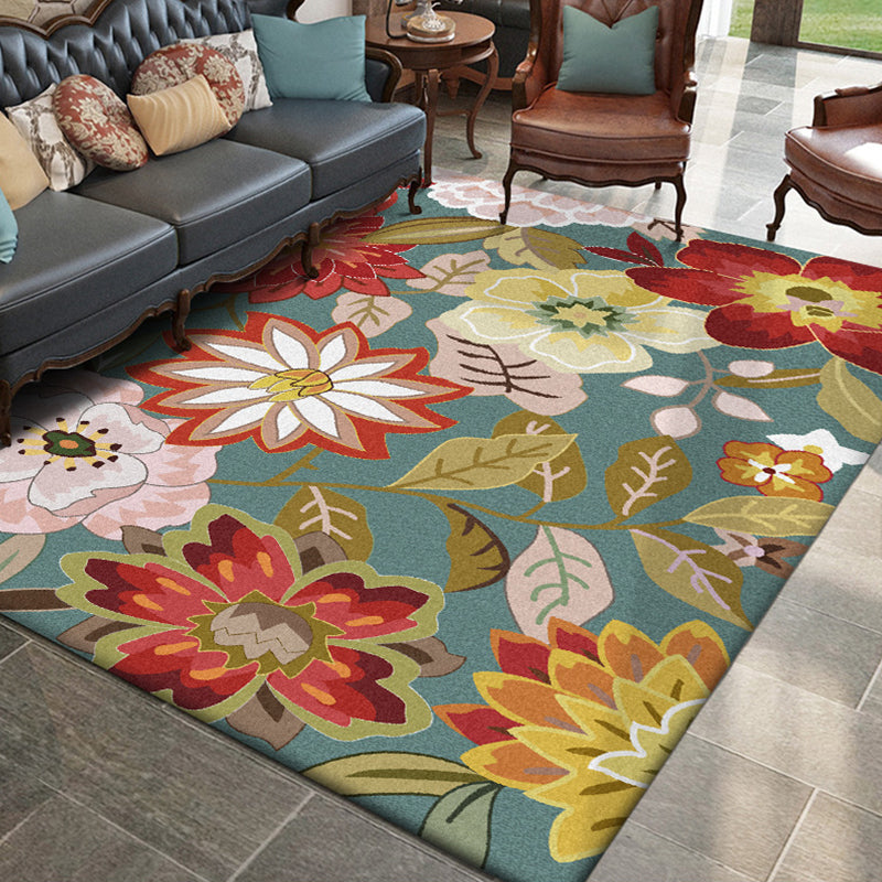 Blue Vintage Carpet Polyester Floral Pattern Carpet Washable Non-Slip Back Carpet for Living Room