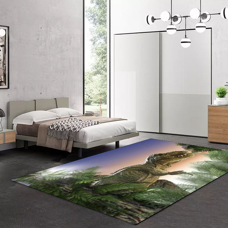 Green and Purple Novelty Carpet Polyester Dinosaur and Tree Pattern Carpet Washable Non-Slip Back Carpet for Living Room