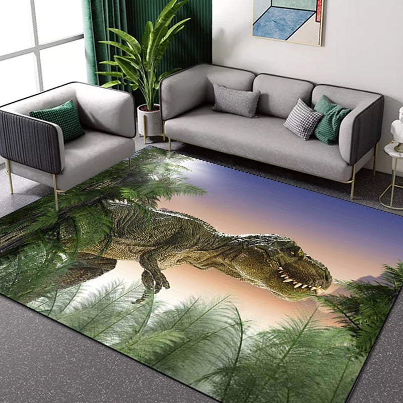 Green and Purple Novelty Carpet Polyester Dinosaur and Tree Pattern Carpet Washable Non-Slip Back Carpet for Living Room