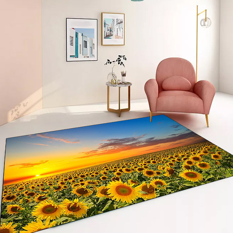 Yellow and blue novelty carpet polyester sunflower pattern carpet washable non-slip back carpet for the living room