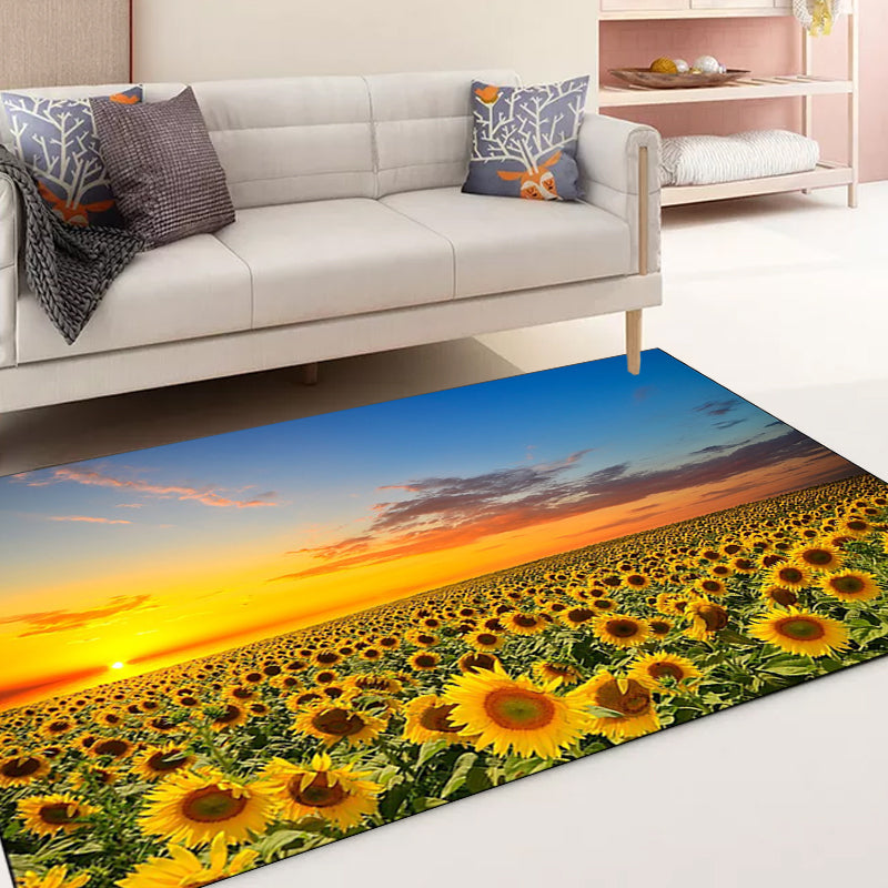 Yellow and blue novelty carpet polyester sunflower pattern carpet washable non-slip back carpet for the living room
