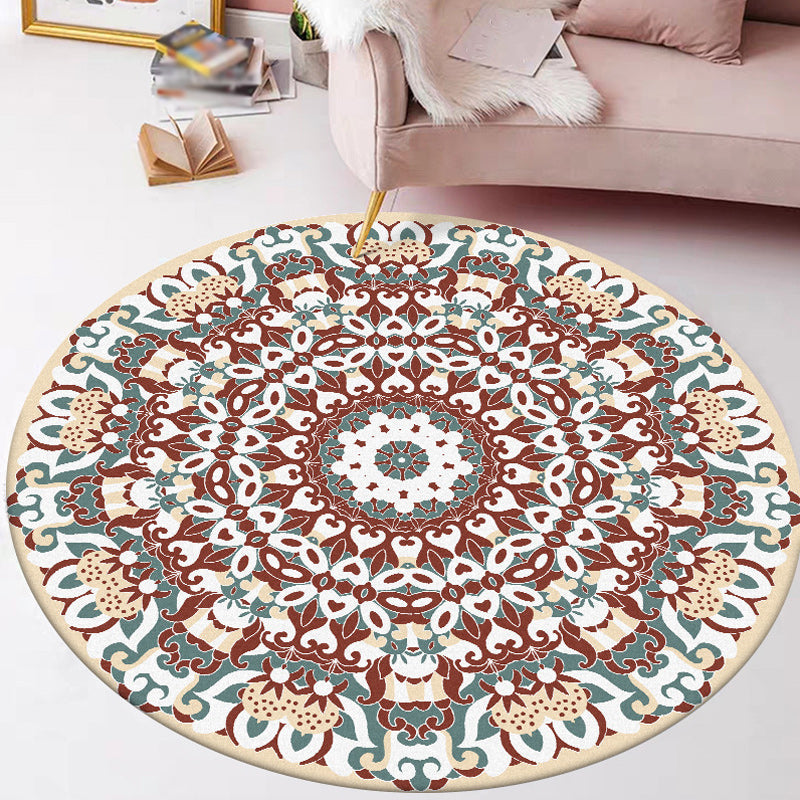 Traditional Floral Pattern Rug Blue Tribal Rug Polyester Washable Non-Slip Mat Rug for Living Room