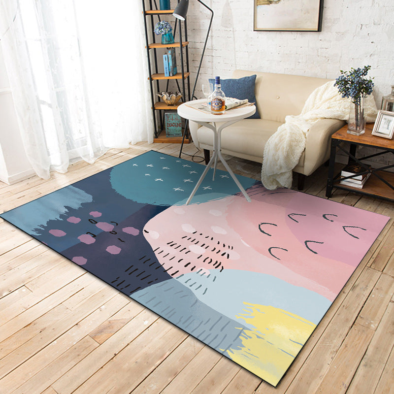Novelty Living Room Rug in Pink and Blue Color Block Print Rug Polyester Machine Washable Rug