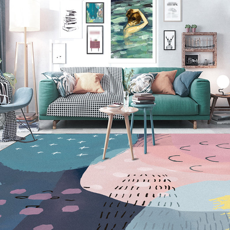 Novelty Living Room Rug in Pink and Blue Color Block Print Rug Polyester Machine Washable Rug