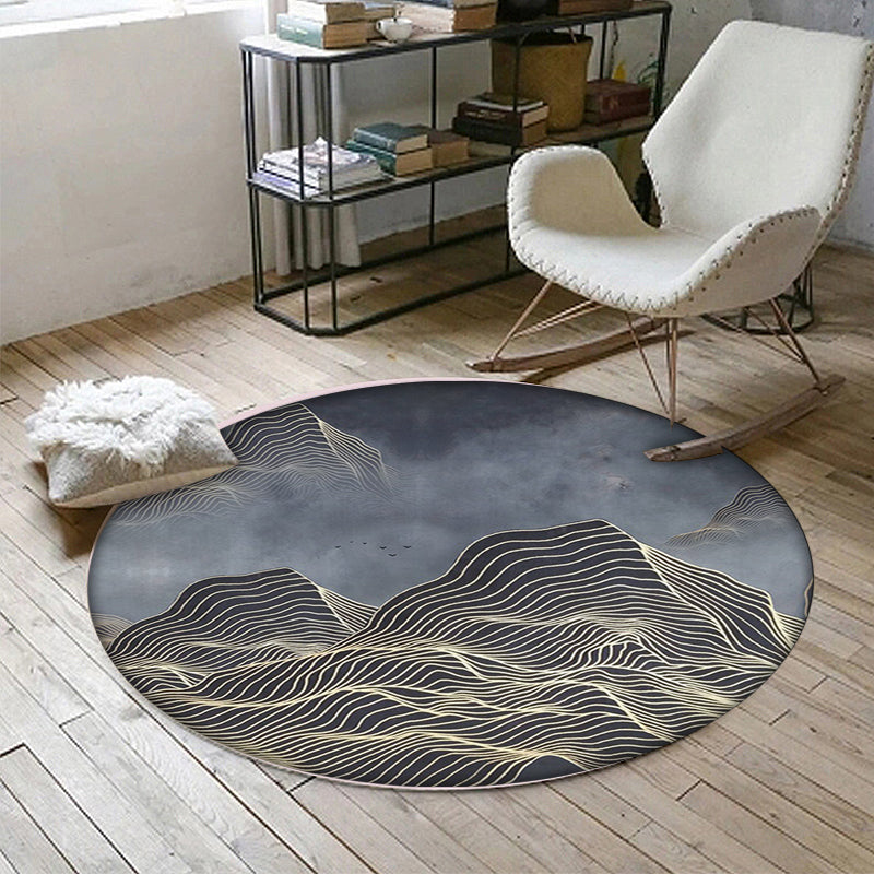 Modern swirl stripe pattern rug with mountain dark gray polyester rug machine washable non-slip area rug for bedroom