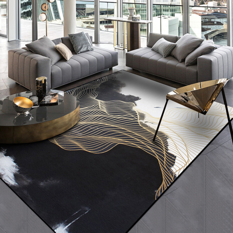 Traditional swirl stripe pattern rug black and white oriental rug polyester washable non-slip backing rug for living room
