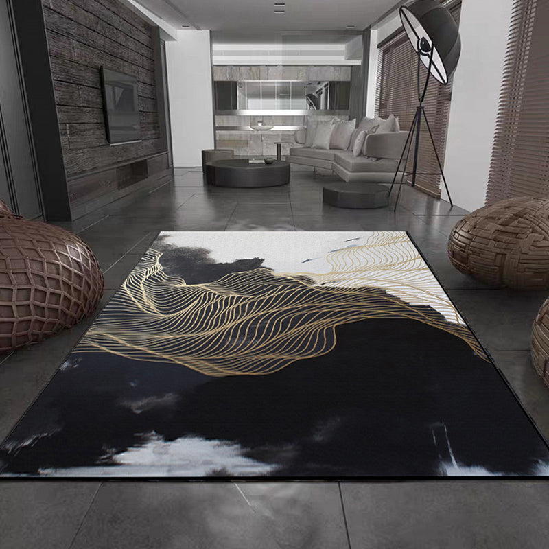 Traditional swirl stripe pattern rug black and white oriental rug polyester washable non-slip backing rug for living room