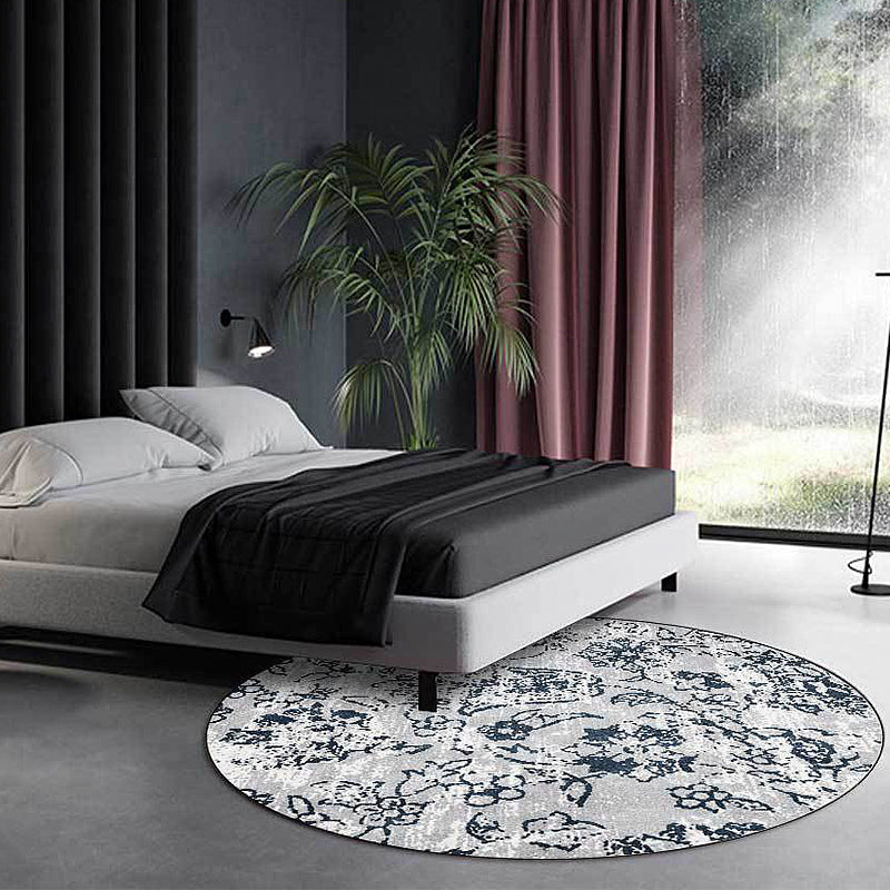 Gray Shabby Chic Rug Polyester Floral Pattern Rug Washable Non-Slip Back Rug for Living Room