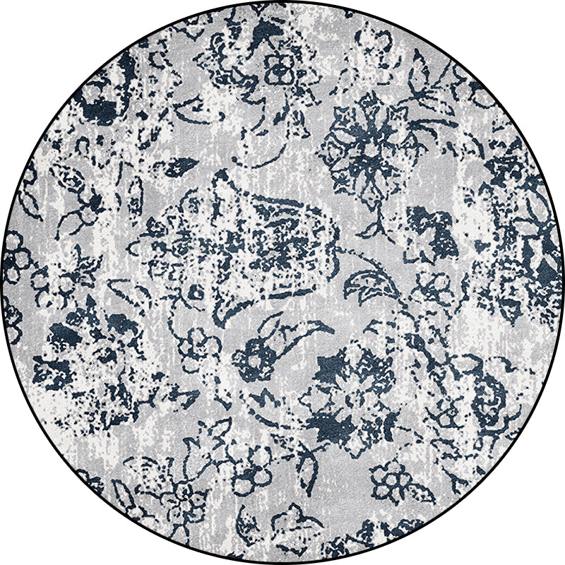 Gray Shabby Chic Rug Polyester Floral Pattern Rug Washable Non-Slip Back Rug for Living Room