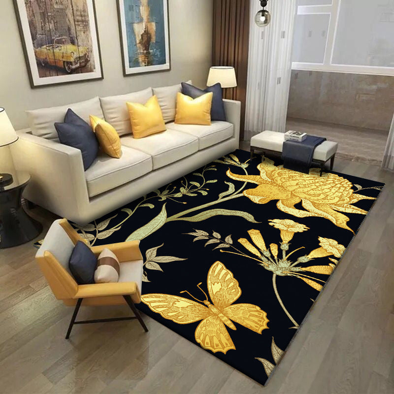 Black and Yellow Vintage Carpet Polyester Floral and Leaf Pattern Carpet Washable Non-Slip Back Carpet for Living Room