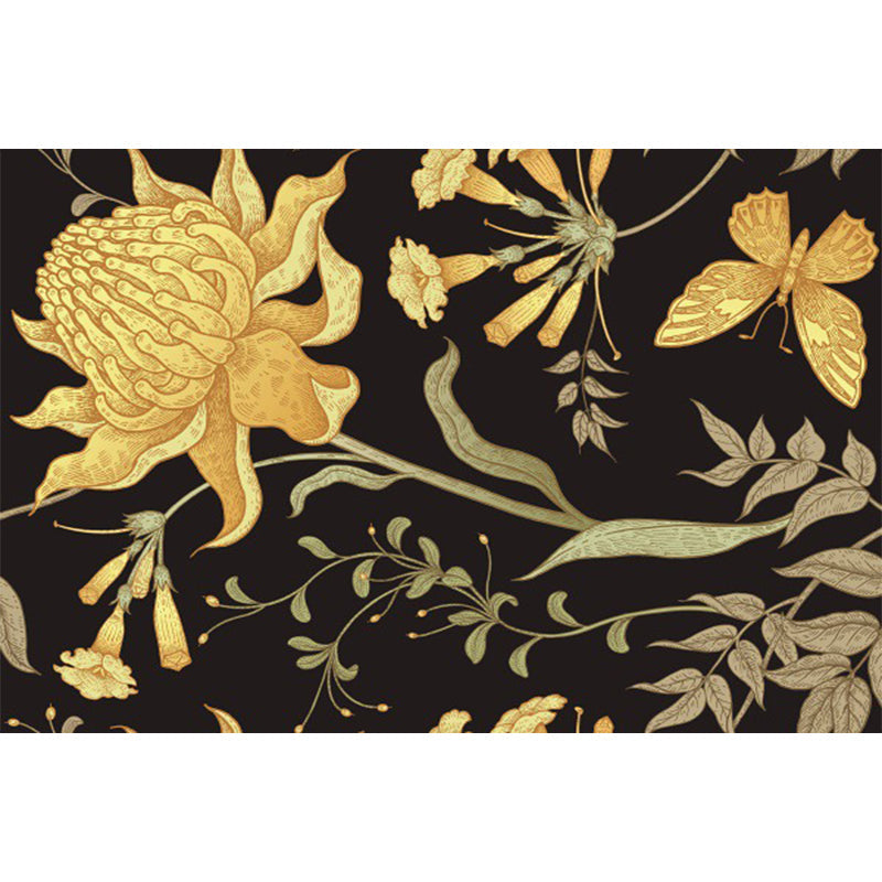Black and Yellow Vintage Carpet Polyester Floral and Leaf Pattern Carpet Washable Non-Slip Back Carpet for Living Room