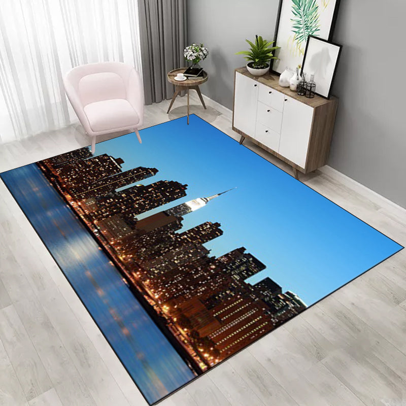 Stylish Geography Pattern Rug Blue Nordic Rug Polyester Washable Non-Slip Back Rug for the Living Room