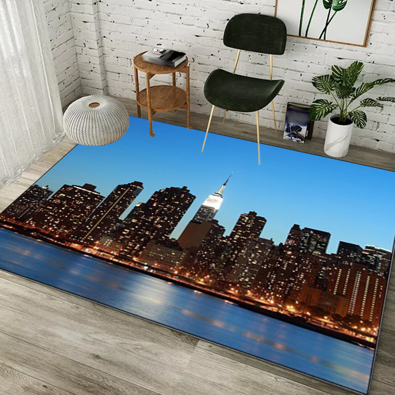 Stylish Geography Pattern Rug Blue Nordic Rug Polyester Washable Non-Slip Back Rug for the Living Room