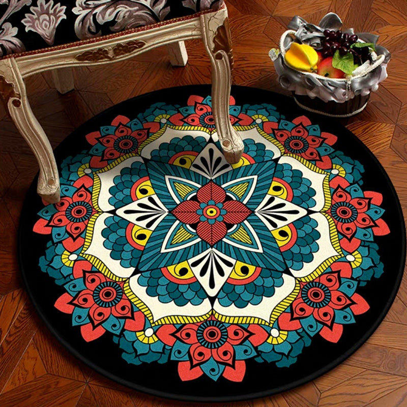 Persian Floral Pattern Carpet Red and Blue Polyester Carpet Machine Washable Non-Slip Carpet for the Bedroom