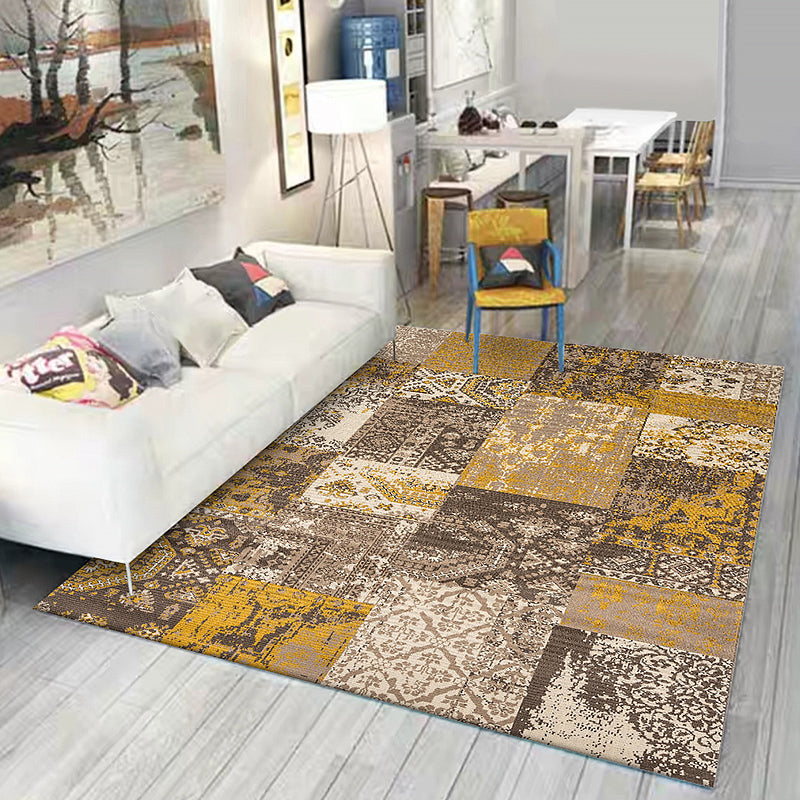 Shabby Chic Tribal Pattern Rug Blue and Yellow Polyester Rug Machine Washable Non-Slip Rug for the Bedroom