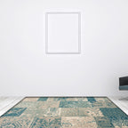 Shabby Chic Tribal Pattern Rug Blue and Yellow Polyester Rug Machine Washable Non-Slip Rug for the Bedroom