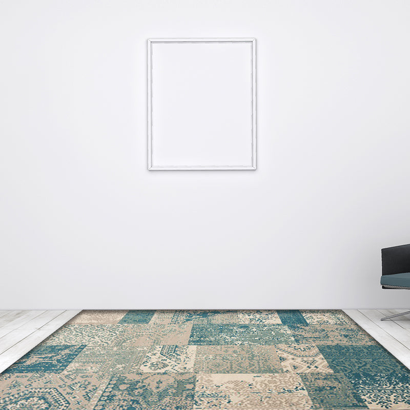 Shabby Chic Tribal Pattern Rug Blue and Yellow Polyester Rug Machine Washable Non-Slip Rug for the Bedroom