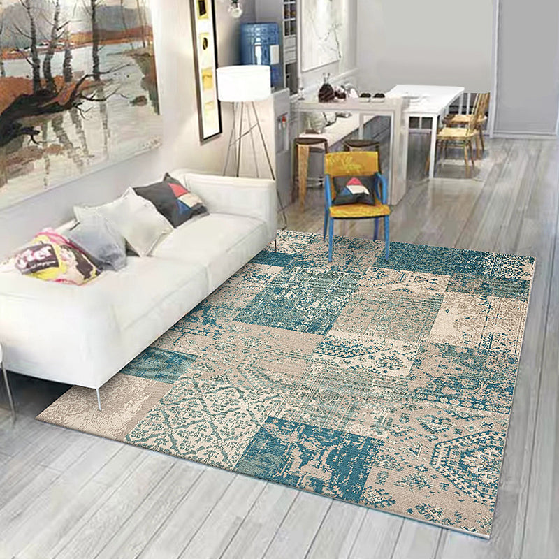 Shabby Chic Tribal Pattern Rug Blue and Yellow Polyester Rug Machine Washable Non-Slip Rug for the Bedroom