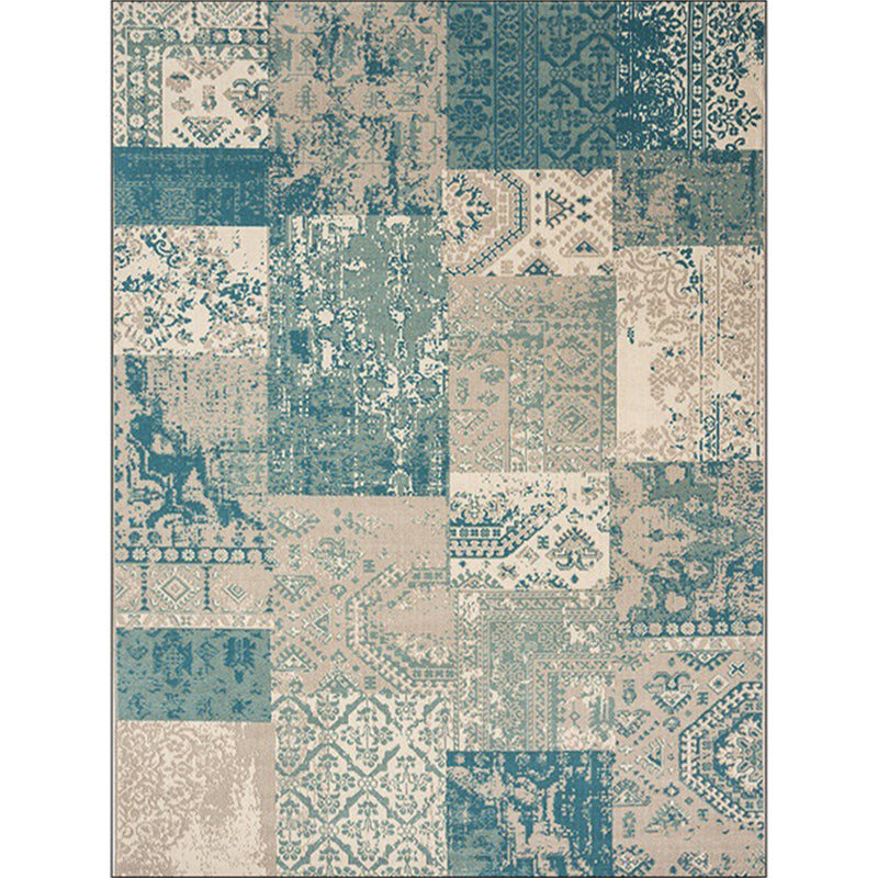 Shabby Chic Tribal Pattern Rug Blue and Yellow Polyester Rug Machine Washable Non-Slip Rug for the Bedroom