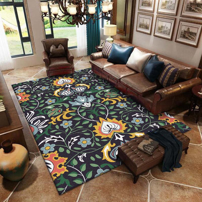 Vintage Floral Pattern rug with leaf black and green polyester rug machine washable non-slip rug for the bedroom