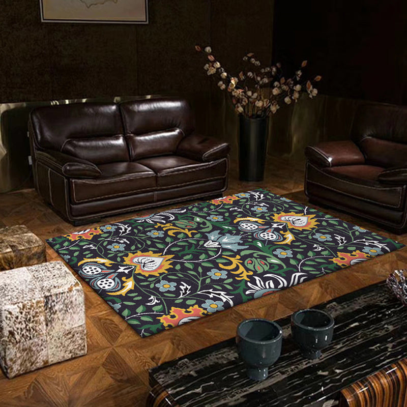 Vintage Floral Pattern rug with leaf black and green polyester rug machine washable non-slip rug for the bedroom