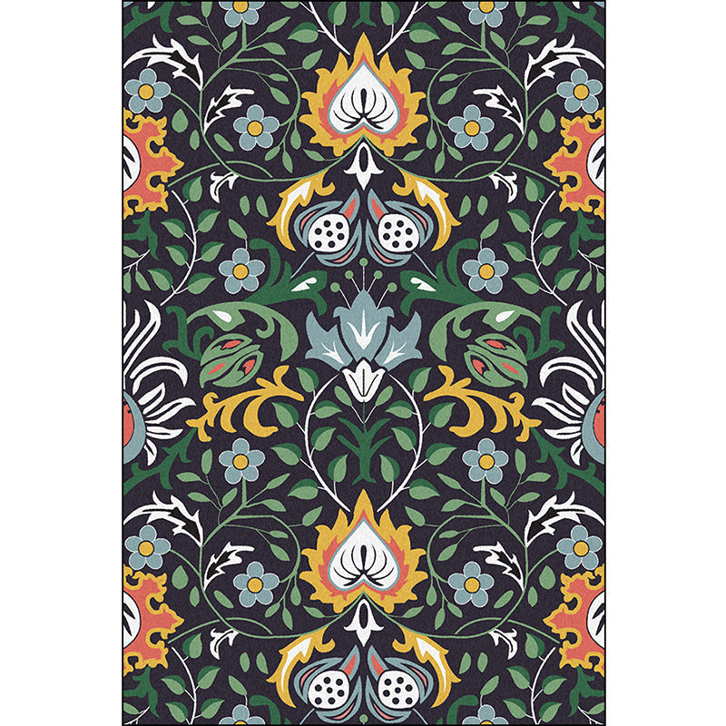 Vintage Floral Pattern rug with leaf black and green polyester rug machine washable non-slip rug for the bedroom