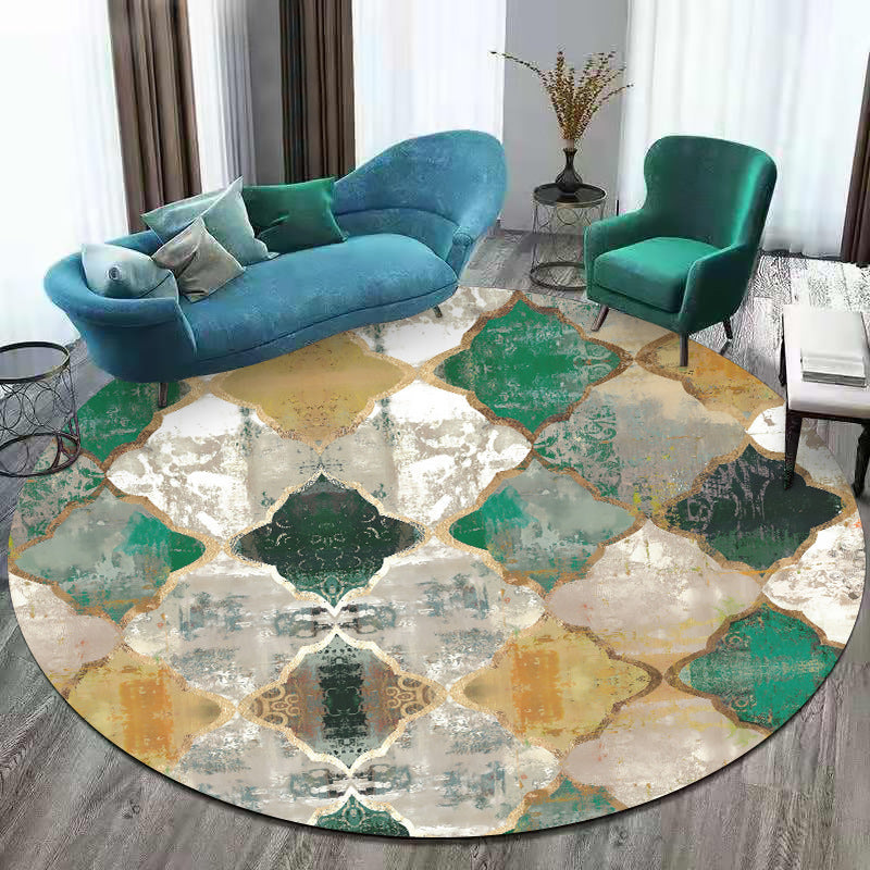 Green and Yellow Moroccan Carpet Polyester Azulejo Print Carpet Washable non-slip back Carpet for Living Room
