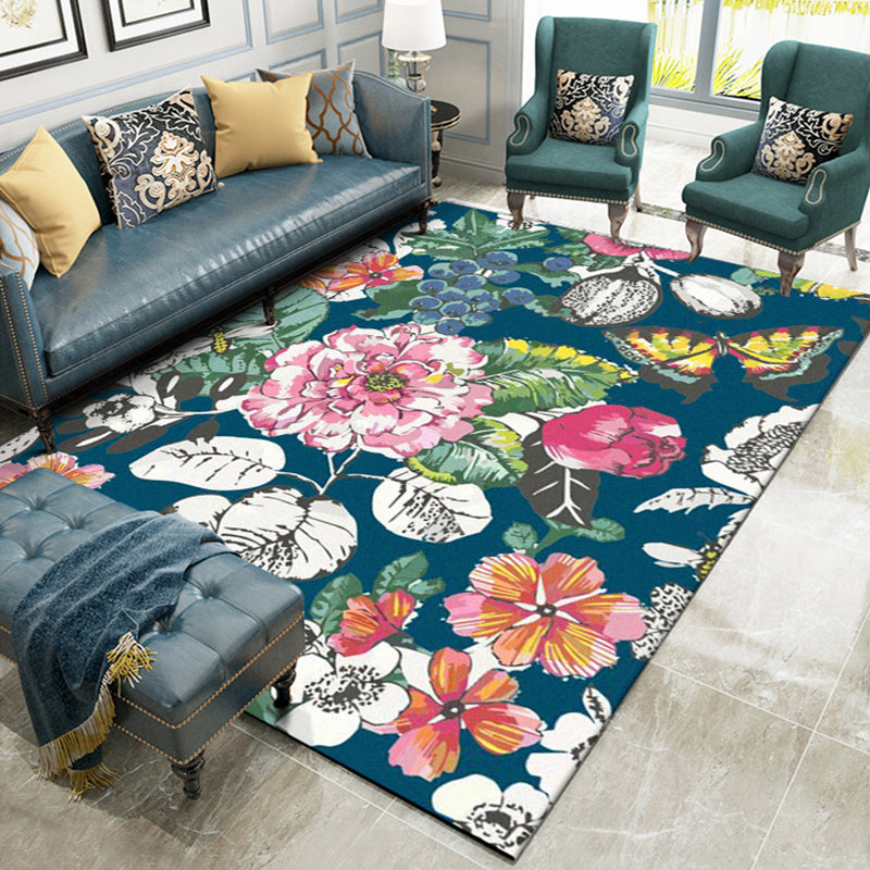 Classic Floral Pattern Rug with Leaf Blue Multicolor Shabby Chic Rug Polyester Washable Non-Slip Backing Rug for the Living Room