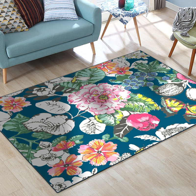 Classic Floral Pattern Rug with Leaf Blue Multicolor Shabby Chic Rug Polyester Washable Non-Slip Backing Rug for the Living Room