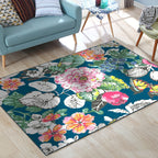 Classic Floral Pattern Rug with Leaf Blue Multicolor Shabby Chic Rug Polyester Washable Non-Slip Backing Rug for the Living Room