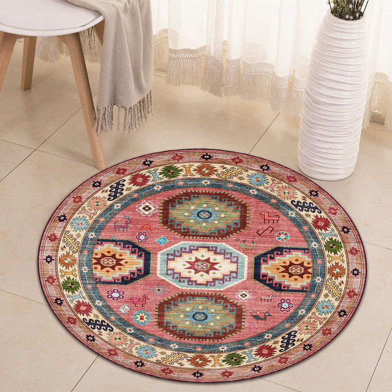 Americana Tribal Pattern Carpet Red Polyester Carpet Machine Washable Non-Slip Area Rug for Bedroom