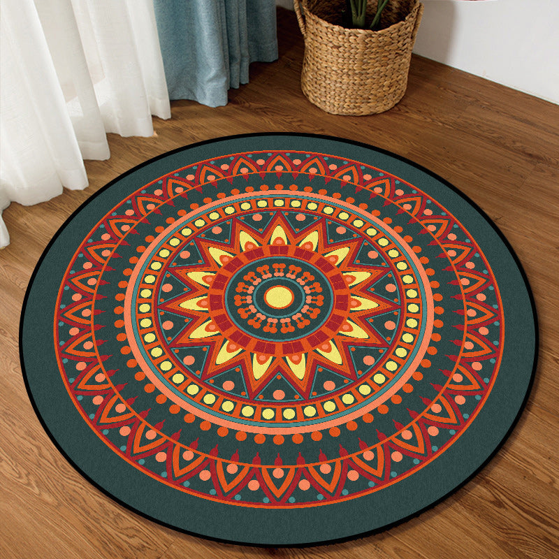 Vintage concentric circles pattern rug with flowers orange tribal rug polyester washable non-slip back rug for living room